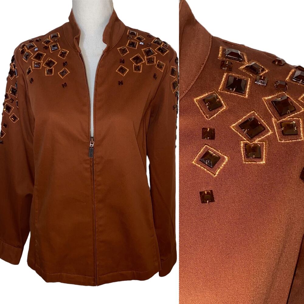 Bob Mackie Wearable Art Jacket Embellished Gems Full Zip, Brown, Size Medium